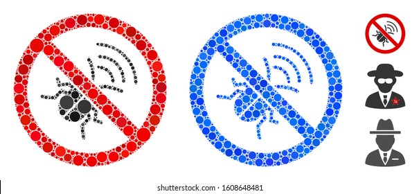 No spy bug mosaic of round dots in different sizes and shades, based on no spy bug icon. Vector round dots are grouped into blue collage. Dotted no spy bug icon in usual and blue versions.