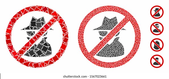 No spy composition of raggy pieces in variable sizes and color tinges, based on no spy icon. Vector abrupt pieces are organized into collage. No spy icons collage with dotted pattern.