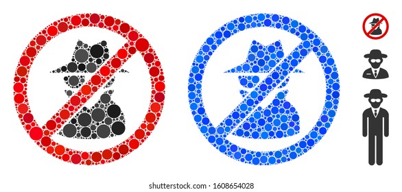 No spy mosaic of small circles in various sizes and color tints, based on no spy icon. Vector small circles are grouped into blue illustration. Dotted no spy icon in usual and blue versions.