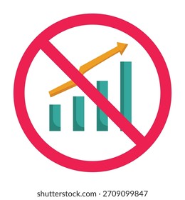 Sem sinal de estatística, sinal proibido com ícone de gráfico de barras, sinal de gráfico de barras proibido, símbolo de círculo cruzado vermelho, ilustração vetorial