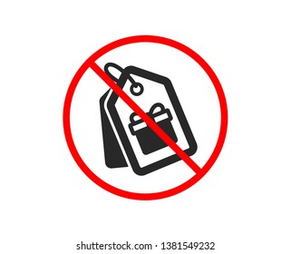 No or Stop. Coupons with Gifts icon. Present box or Sale sign. Birthday Shopping symbol. Package in Gift Wrap. Prohibited ban stop symbol. No coupons icon. Vector
