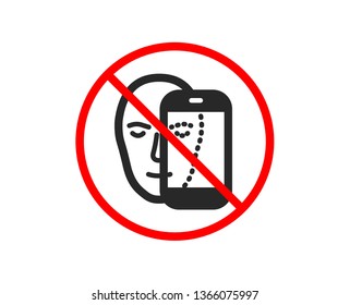 No or Stop. Face biometrics icon. Facial recognition by phone sign. Head scanning symbol. Prohibited ban stop symbol. No face biometrics icon. Vector
