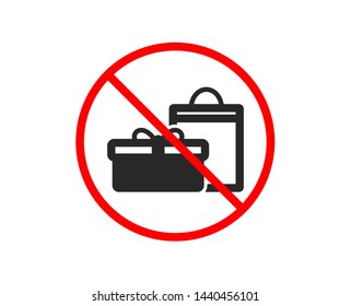 No or Stop. Gift box with bag icon. Present or Sale sign. Birthday Shopping symbol. Package in Gift Wrap. Prohibited ban stop symbol. No gifts icon. Vector