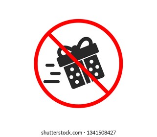 No or Stop. Gift box Delivery icon. Present or Sale sign. Birthday Shopping symbol. Package in Gift Wrap. Prohibited ban stop symbol. No present delivery icon. Vector