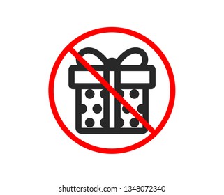 No or Stop. Gift box icon. Present or Sale sign. Birthday Shopping symbol. Package in Gift Wrap. Prohibited ban stop symbol. No gift box icon. Vector