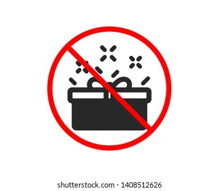 No or Stop. Gift box icon. Present or Sale sign. Birthday Shopping symbol. Package in Gift Wrap. Prohibited ban stop symbol. No present box icon. Vector