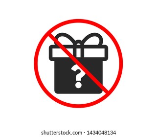 No or Stop. Gift box with Question mark icon. Present or Sale sign. Birthday Shopping symbol. Package in Gift Wrap. Prohibited ban stop symbol. No secret gift icon. Vector