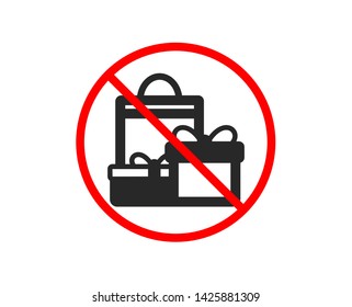 No or Stop. Gift boxes with bag icon. Present or Sale sign. Birthday Shopping symbol. Package in Gift Wrap. Prohibited ban stop symbol. No shopping icon. Vector