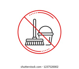 No or stop sign. Cleaning bucket with mop line icon. Washing Housekeeping equipment sign. Caution prohibited ban stop symbol. No  icon design.  Vector
