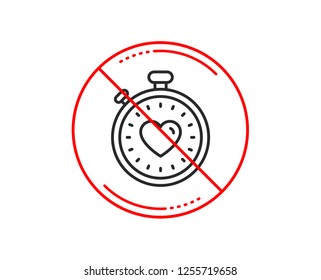 No or stop sign. Heart in Timer line icon. Love symbol. Valentines day stopwatch sign. Caution prohibited ban stop symbol. No  icon design.  Vector
