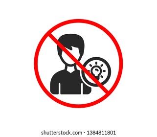 No or Stop. User icon. Profile with Lamp bulb sign. Male Person silhouette with idea symbol. Prohibited ban stop symbol. No person idea icon. Vector