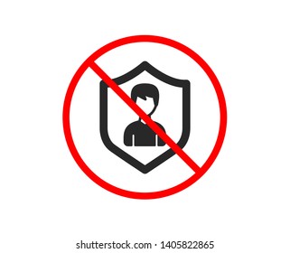 No or Stop. User Protection icon. Profile Avatar with shield sign. Male Person silhouette symbol. Prohibited ban stop symbol. No security Agency icon. Vector