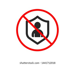 No or Stop. User Protection icon. Profile Avatar with shield sign. Person silhouette symbol. Prohibited ban stop symbol. No security icon. Vector