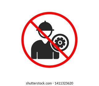 No or Stop. Worker icon. Engineer Profile with cogwheel sign. Male Person silhouette symbol. Prohibited ban stop symbol. No engineer icon. Vector