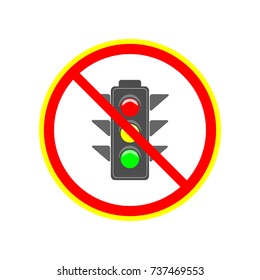 No stoplight sign. Icon traffic light red circle. Symbol no regulate movement safety and warning. Electricity semaphore no adjust transportation on crossroads urban road. Flat vector illustration.