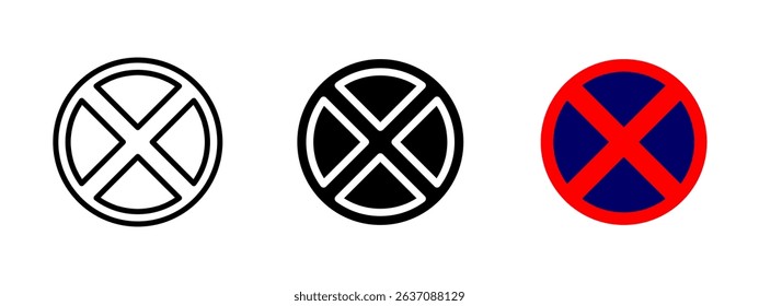 No stopping sign. Red circular traffic sign with blue background and red cross vector illustration. Restriction for vehicles to stop or park symbol. Common in road regulation and traffic control sign.