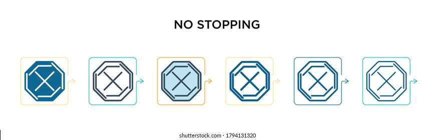 No stopping sign vector icon in 6 different modern styles. Black, two colored no stopping sign icons designed in filled, outline, line and stroke style. Vector illustration can be used for web, 