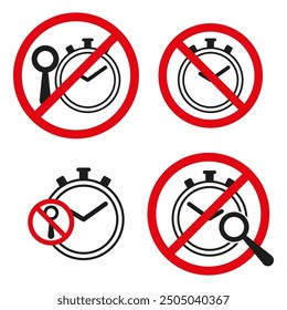 No stopwatch symbol. Prohibited time measurement. Magnifying glass icon. Red circle sign.