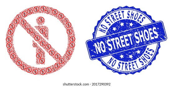 No Street Shoes textured round stamp and vector recursion collage forbidden man. Blue stamp seal has No Street Shoes tag inside round shape. Vector mosaic is done of recursive forbidden man items.