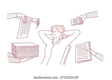 No hay estrés y relajación en el concepto de trabajo. Joven mujer relajada personaje de dibujos animados sentado en la oficina sonriendo zen como con muchos deberes alrededor de la Ilustración vectorial