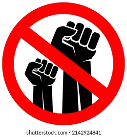 No strike vector prohibition sign on white background, raised protesting human hands, mutiny symbol