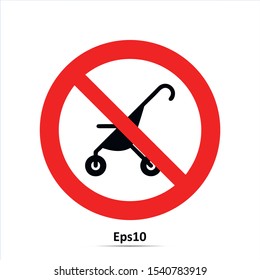 No strollers or push chair, vector illustration. Red prohibition sign. Stop symbol.