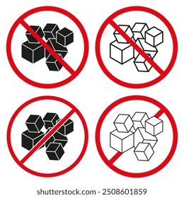 No sugar cube icons. Red prohibition signs. Sugar free symbol. Vector illustration.