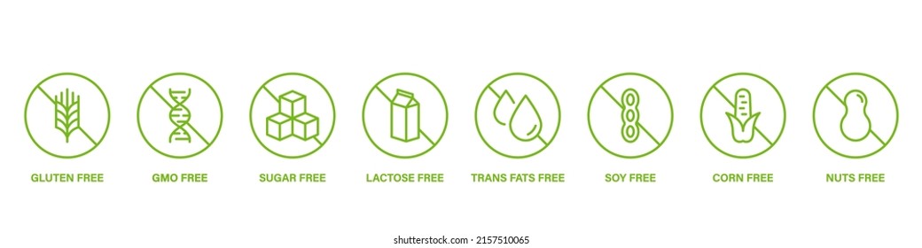 No Sugar, GMO, Gluten, Dairy, Trans Fat, Soy, Corn, Nuts Stop Green Sign Set. Vegan Food Logo. Free Allergen Ingredient Line Icon. Forbidden Allergy Product Symbol. Isolated Vector Illustration.