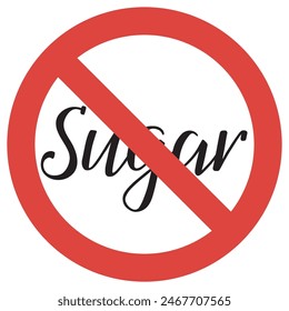 No sugar. The handwritten word sugar is in prohibition sign. Handlettering. Inscription in English. Black word, red no symbol on white background. Vector text. Food label, nutritional information.