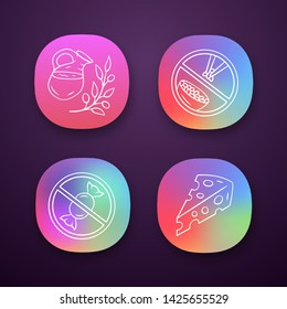 No sugar organic products app icons set. Dietary food healthy eating. UI/UX user interface. Glucose free and low carbs keto diet. Web or mobile applications. Vector isolated illustrations