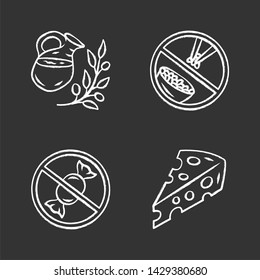 No sugar organic products chalk icons set. Dietary food healthy eating. Glucose free and low carbs keto diet. Natural fresh drink jar, Swiss cheese isolated vector chalkboard illustrations