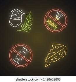 No sugar organic products neon light icons set. Dietary food healthy eating. Glowing signs. Glucose free and low carbs keto diet. Natural fresh drink, Swiss cheese vector isolated illustrations