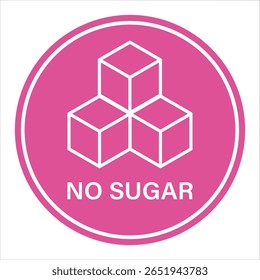 No Sugar pink icon symbol in circle, Sugar free simple pink round sign. No sugar, glucose concept cubes icon flat design, ideal for sticker, stamp, food, print or web. Vector illustration, EPS 10.