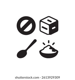 No Sugar, Spoon, and Bowl of Sugar: Dietary Restriction Icon Set.This image depicts a set of black and white icons related to sugar restrictions.