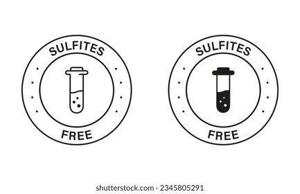 No Sulphites Label. Sulfites Free Black Stamp Set. Product without Sulfate Symbol. Natural Ingredients Sign. Glass Flask, Test Tube, No Chemical in Food Logo. Isolated Vector Illustration.