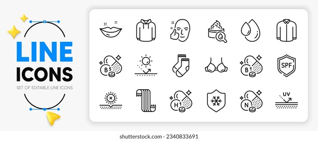 No sun, Healthy face and Socks line icons set for app include Bra, Spf protection, Hoody outline thin icon. Uv protection, Clean skin, Oil drop pictogram icon. Vitamin h1, Shirt. Vector