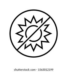 No sun icon. Line style symbol of sun rays prohibition. Do not expose to sunlight sign. Adjustable stroke width.