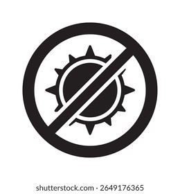 No sun icon with a prohibition sign for sun protection and uv safety a warning to avoid direct sunlight and stay in the shade for health vector solid glyph icon