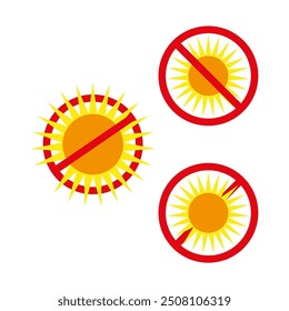 No sun icon set. Yellow sun with red prohibition sign. Bright flat design. Three variations included.