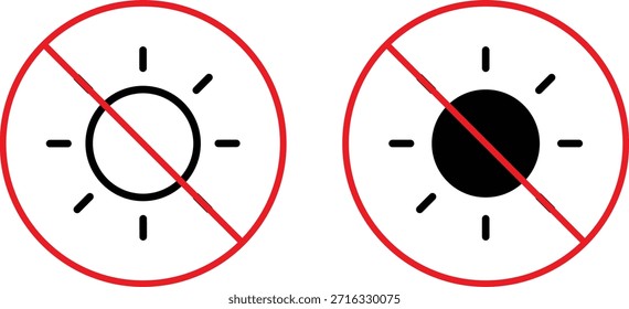 No hay icono de sol. Iconos restringidos de luz solar. No hay símbolo del sol. DISEÑO GRÁFICO de protección UV. Iconos prohibidos del sol. Símbolos de sol prohibidos
