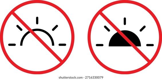No hay icono de sol. Iconos restringidos de luz solar. No hay símbolo del sol. DISEÑO GRÁFICO de protección UV. Iconos prohibidos del sol. Símbolos de sol prohibidos
