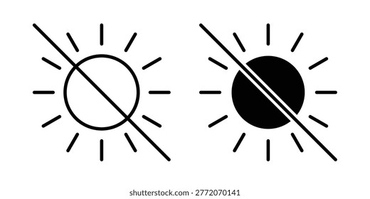 No sun icon symbol. Icon in flat style and line. Black and white