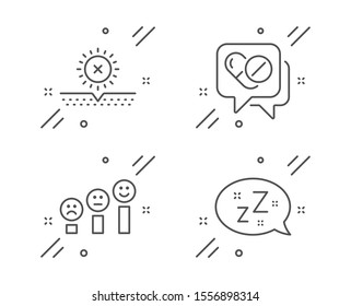 No sun, Medical drugs and Customer satisfaction line icons set. Sleep sign. Uv protect, Medicine pills, Happy smile chart. Zzz bubble. Line no sun outline icon. Vector