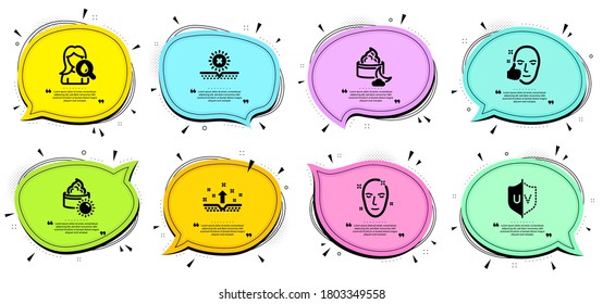 No sun, Moisturizing cream and Uv protection signs. Chat bubbles with quotes. Night cream, Clean skin and Healthy face line icons set. Health skin symbol. Face lotion, Cosmetics. Beauty set. Vector