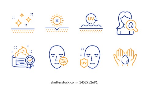 No Sun, Problem Skin And Clean Skin Line Icons Set. Uv Protection, Uv Protection And Moisturizing Cream Signs. Cream, Wash Hands Symbols. Facial Care, Ultraviolet. Beauty Set. Line No Sun Icon. Vector