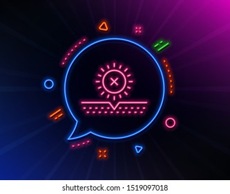 No sun protection line icon. Neon laser lights. Skin care sign. Cosmetic cream symbol. Glow laser speech bubble. Neon lights chat bubble. Banner badge with no sun icon. Vector