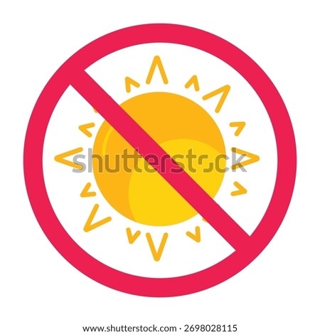 No sun sign, sun prohibition sign, no sun drying, no direct sunlight, no sun exposure, red crossed circle symbol, vector illustration
