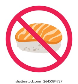 Nenhum sinal de sushi, sinal de sushi proibido, símbolo nigirizushi proibido, parar de comer sinal de sushi, sushi nigiri com sinal de cruz vermelha