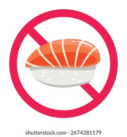 No sushi sign, sushi prohibited sign, do not eat sushi symbol, do not eat raw food icon, flat vector illustration