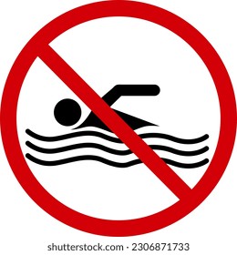 No swim sign. Forbidding sign, do not swim. A red crossed circle with a silhouette of a swimmer inside. Swimming is not allowed. Bathing prohibited. Round red stop swim sign.